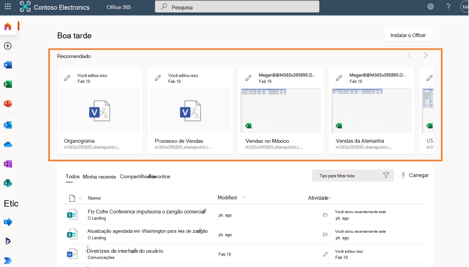 A Contoso Electronics Office 365 home page de um utilizador com as iniciais 