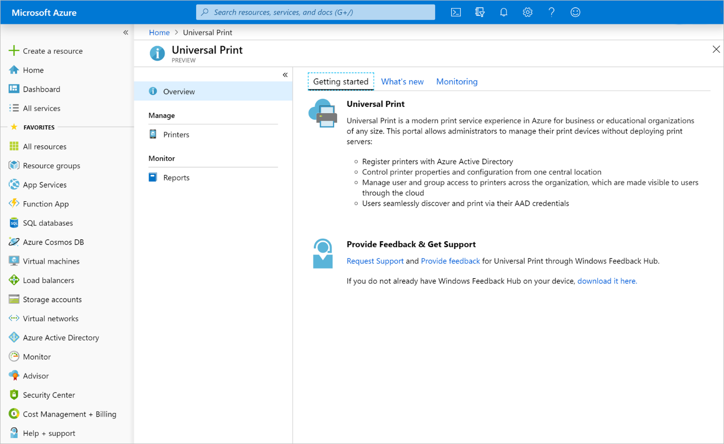 Captura de tela da página inicial do portal da Impressão Universal do Azure