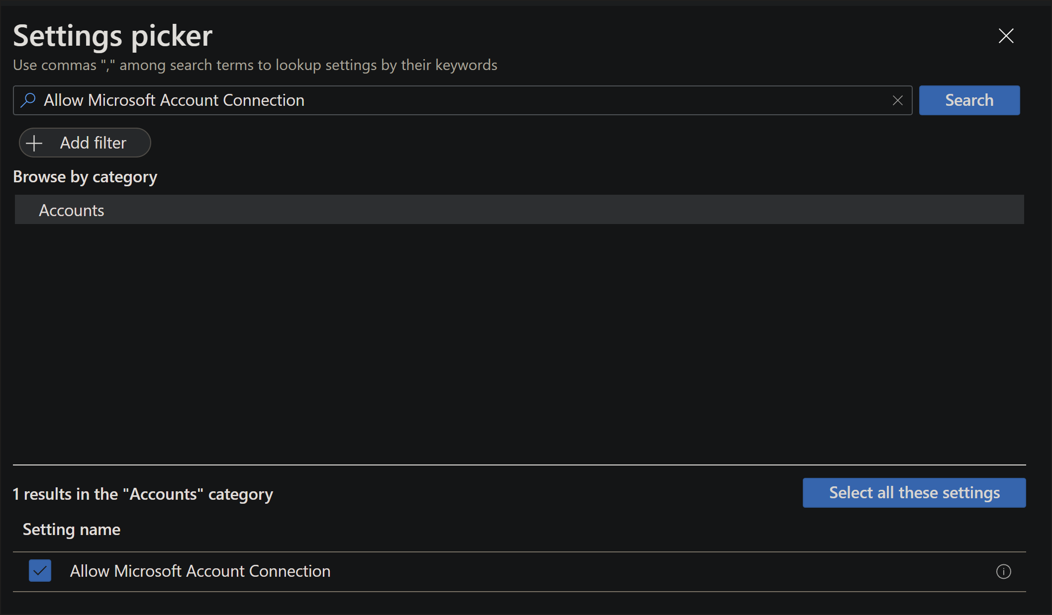 Captura de tela da opção do seletor de configurações.