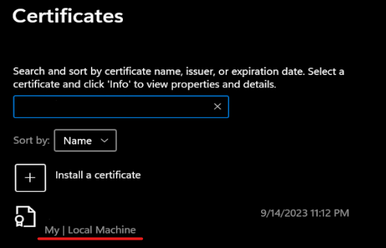 Gestor de certificados a mostrar a localização do certificado