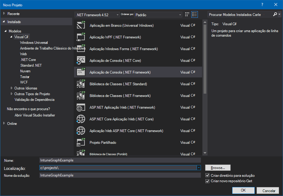 Criar um projeto de aplicação de consola C# no Visual Studio