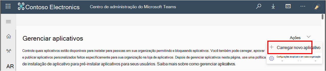 Captura de ecrã a mostrar a opção para os administradores carregarem uma aplicação personalizada a partir do centro de administração do Teams.