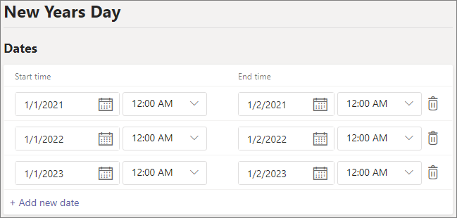 Captura de ecrã da interface de utilizador de feriados com datas configuradas para três anos.