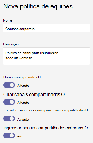 Captura de ecrã a mostrar as definições de política das equipas.