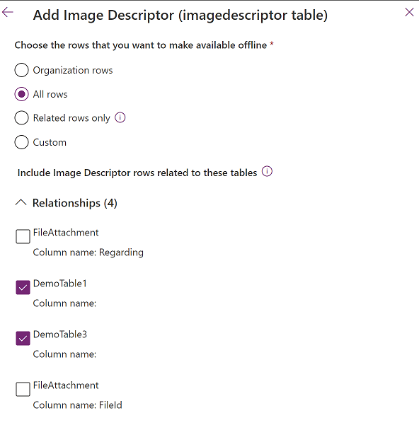 Captura de ecrã que mostra as definições da tabela Descritor de Imagem.