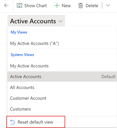 Uma captura de ecrã do seletor de vistas numa página de grelha a mostrar a opção para alterar novamente a vista predefinida para o que foi definido pelo administrador.