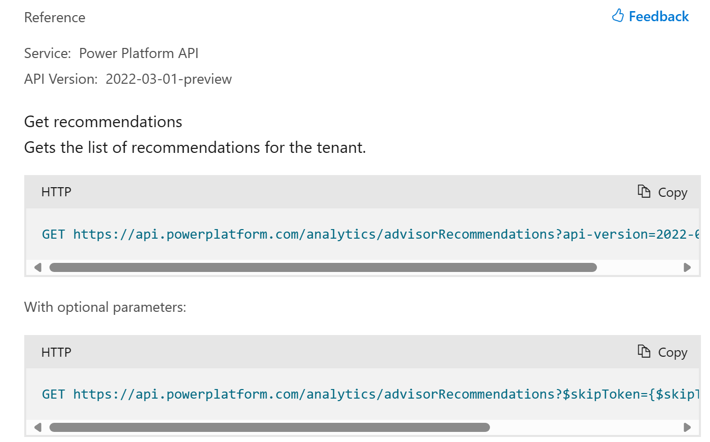 Mostra uma página de referência de API restful com parâmetros querystring opcionais.