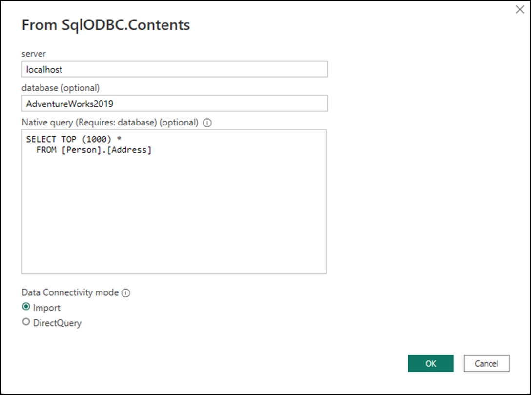 Screenshot of the connector dialog with the native query long text field shown.