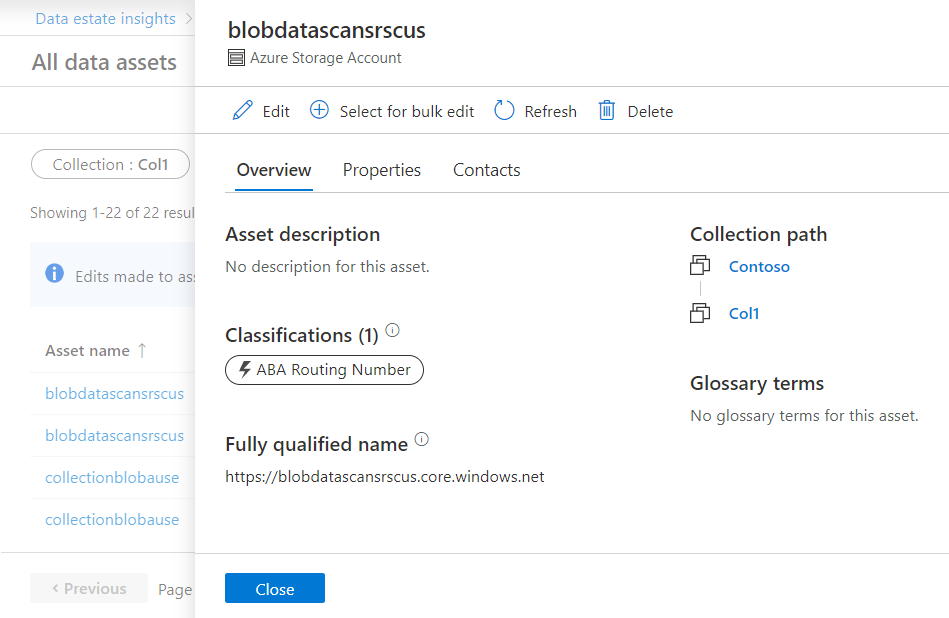 Captura de ecrã do ecrã da lista de recursos, com um recurso selecionado para edição e o ecrã de edição de recursos aberto na aplicação Data Estate Insights.