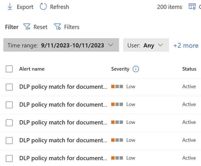 uma captura de ecrã do separador alertas de simulação. Mostra uma lista simples de todos os alertas que foram gerados quando um item correspondeu à política na simulação. Tem o mesmo formato que a consola de alertas DLP