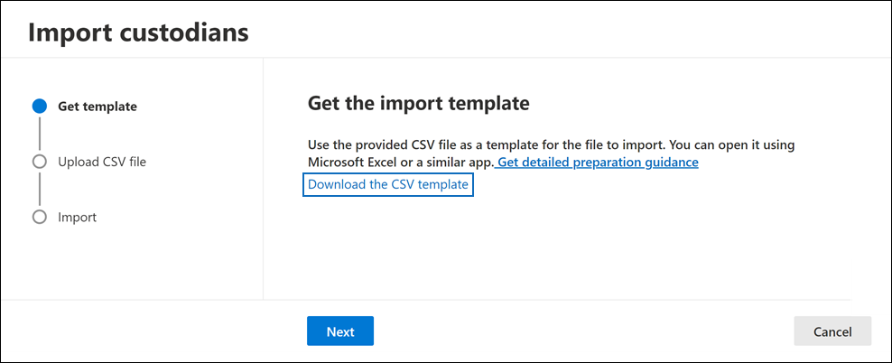 Transfira um modelo CSV a partir da página de lista de opções Importar depositários.