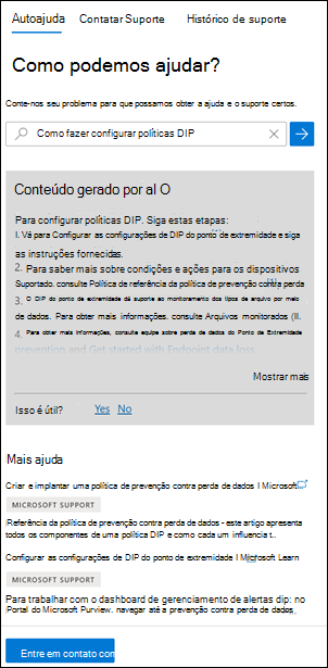 Ajuda e suporte do portal do Microsoft Purview.