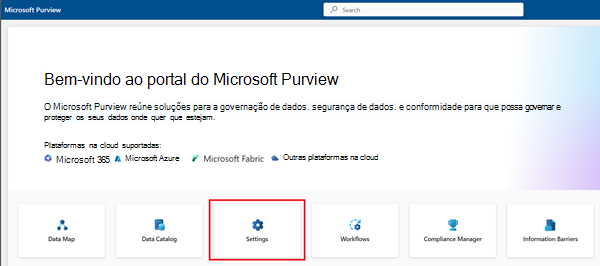 Captura de ecrã a mostrar a solução de definições realçada na página main portal do Microsoft Purview.