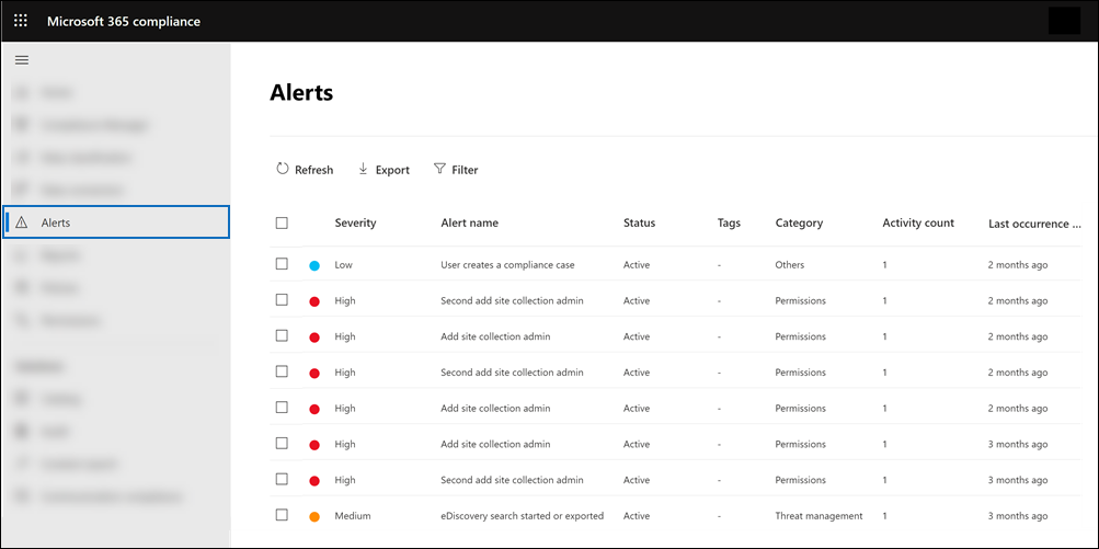 No portal de conformidade, selecione Alertas.