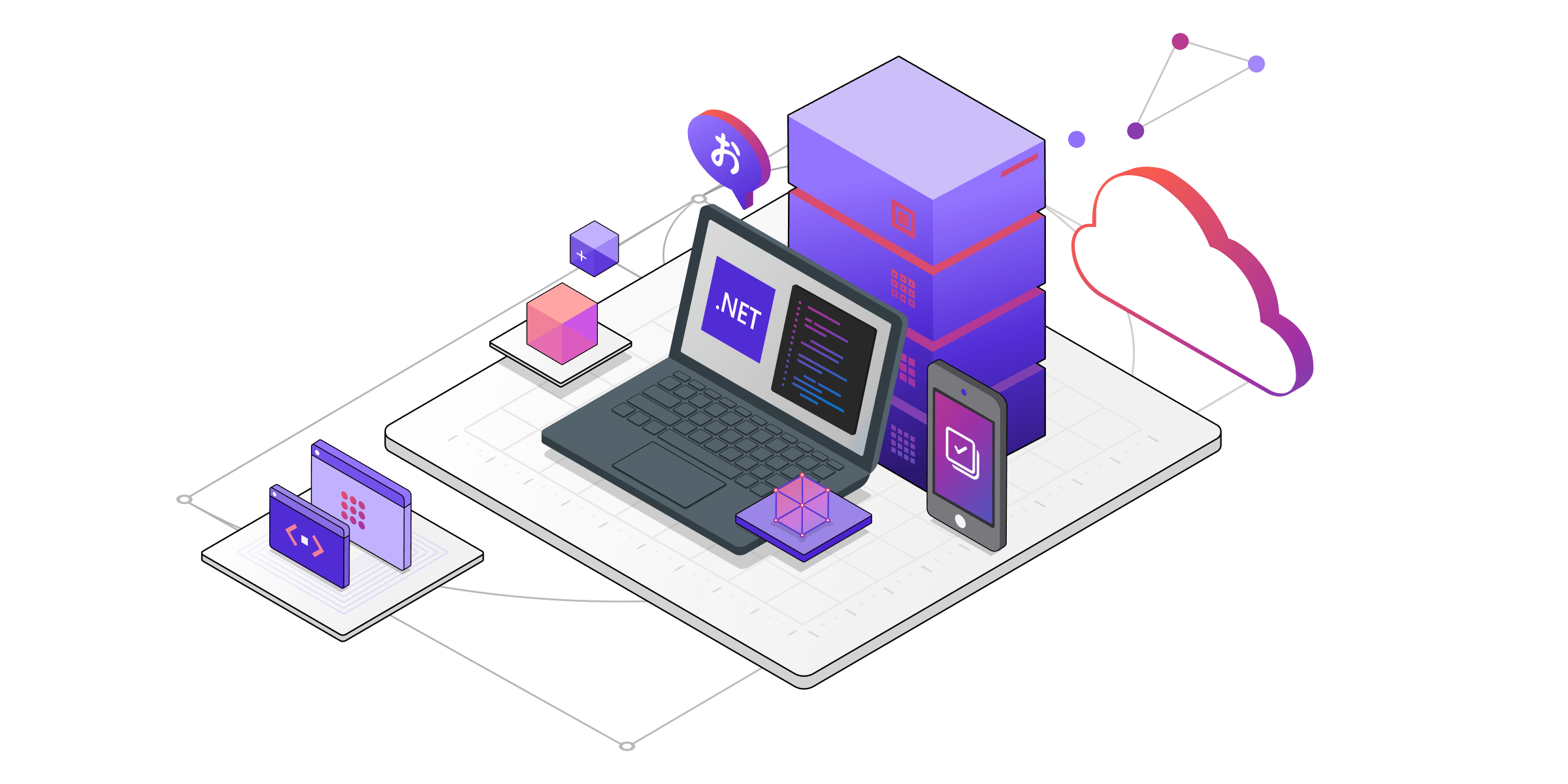 Uma ilustração isométrica de componentes técnicos para serviços .NET.