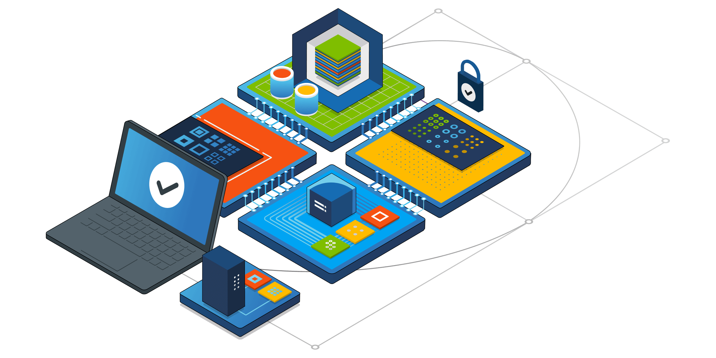 Uma ilustração isométrica de componentes técnicos para serviços do Microsoft 365.