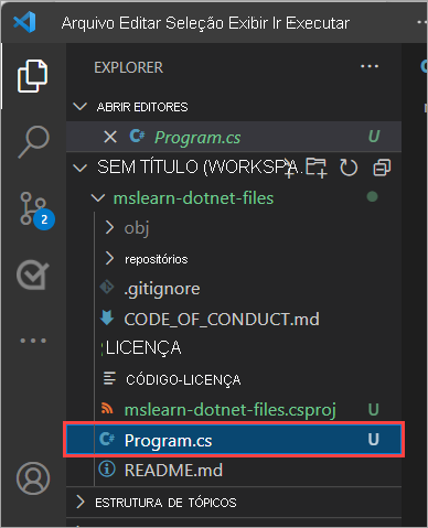 Captura de ecrã da janela do Explorador a realçar o ficheiro program.cs.