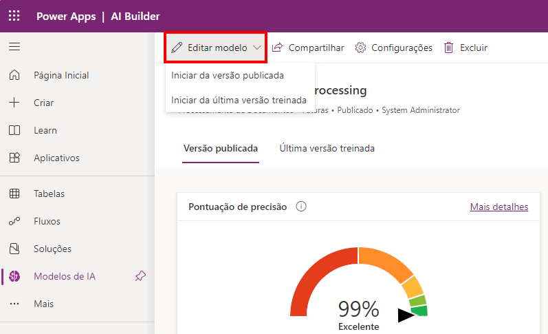 Captura de tela do menu Editar modelo expandido para mostrar as opções Iniciar da versão publicada e Iniciar da última versão treinada.