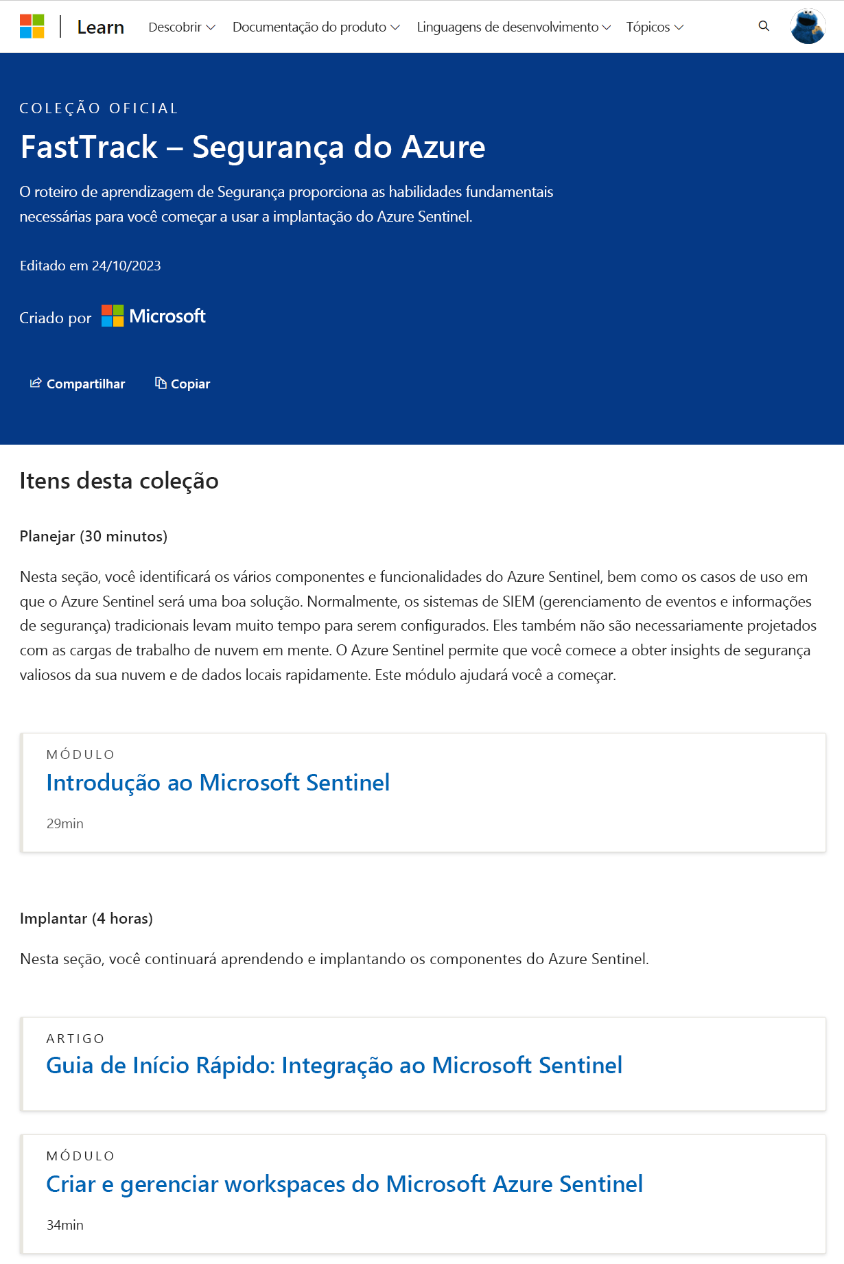 Captura de ecrã do FastTrack - Azure Security Official Collection by Microsoft