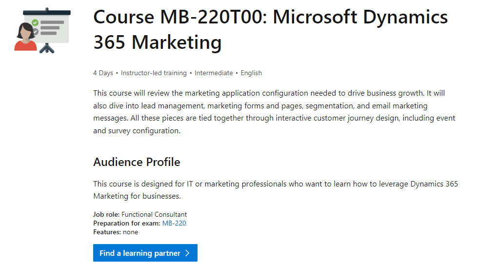 Captura de ecrã que mostra a página de detalhes do Curso MB-220T00: Microsoft Dynamics 365 Marketing