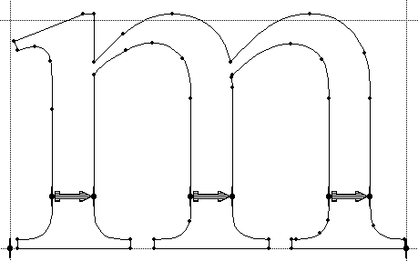 Screenshot showing the outlined letter m with arrows between pairs of points on the three stems.