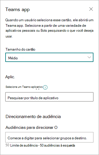 Painel de propriedades do aplicativo do Teams.