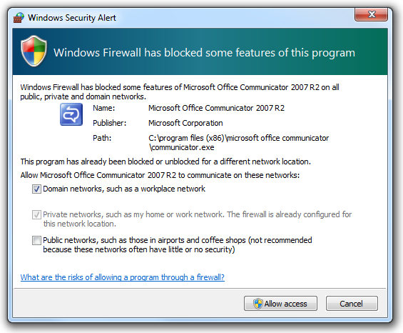 captura de ecrã do Windows Security Alert 