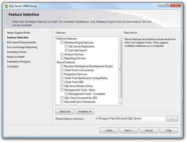 Captura de tela que mostra a página 'Seleção de recursos' do assistente 'Instalação do SQL Server'.