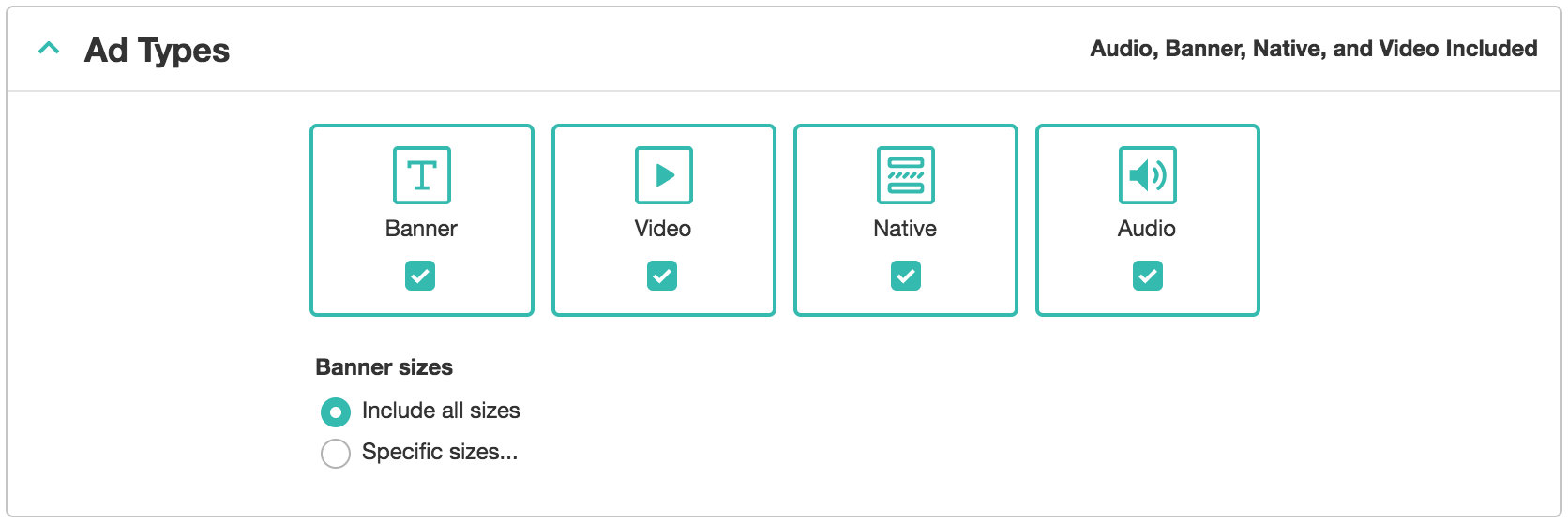 A screenshot of the Ad Types tab where you can select the type of ad and the banner sizes that you want to receive.