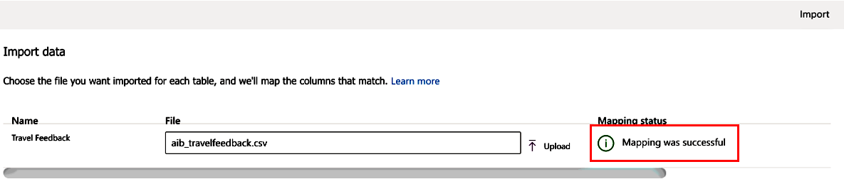Captură de ecran a ecranului Import date care arată că mapare a avut succes.