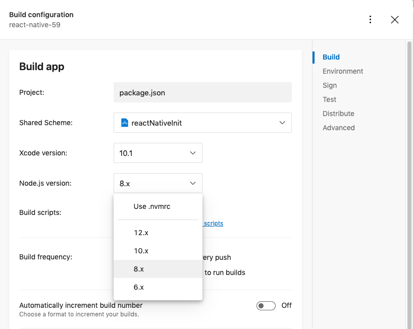 Select Node.js version in the app's branch configuration