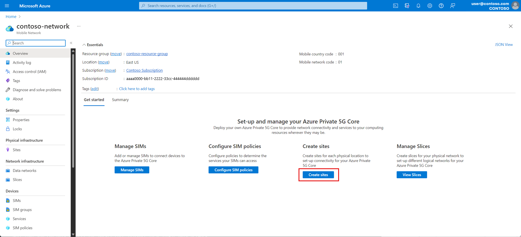 Screenshot of the Azure portal showing the Get started tab, with the Create sites button highlighted.