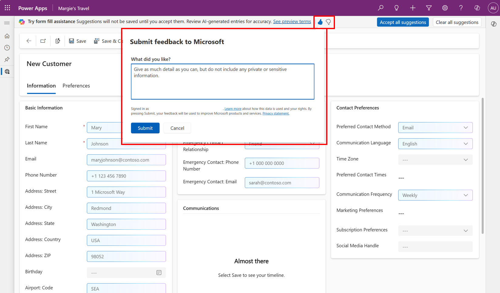 Captură de ecran care arată sondajul de feedback pentru funcția de completare a formularului.