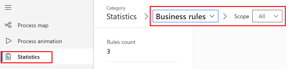 Captură de ecran a regulilor de afaceri selectate în modulul Statistici.