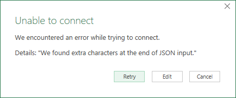 Screenshot of the unable to connect message when trying to connect to a JSON file.