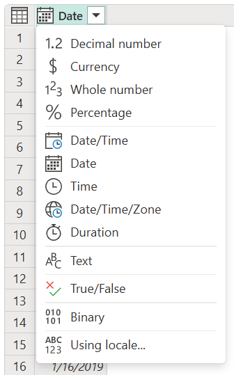 Screenshot of the data type menu in the column heading.