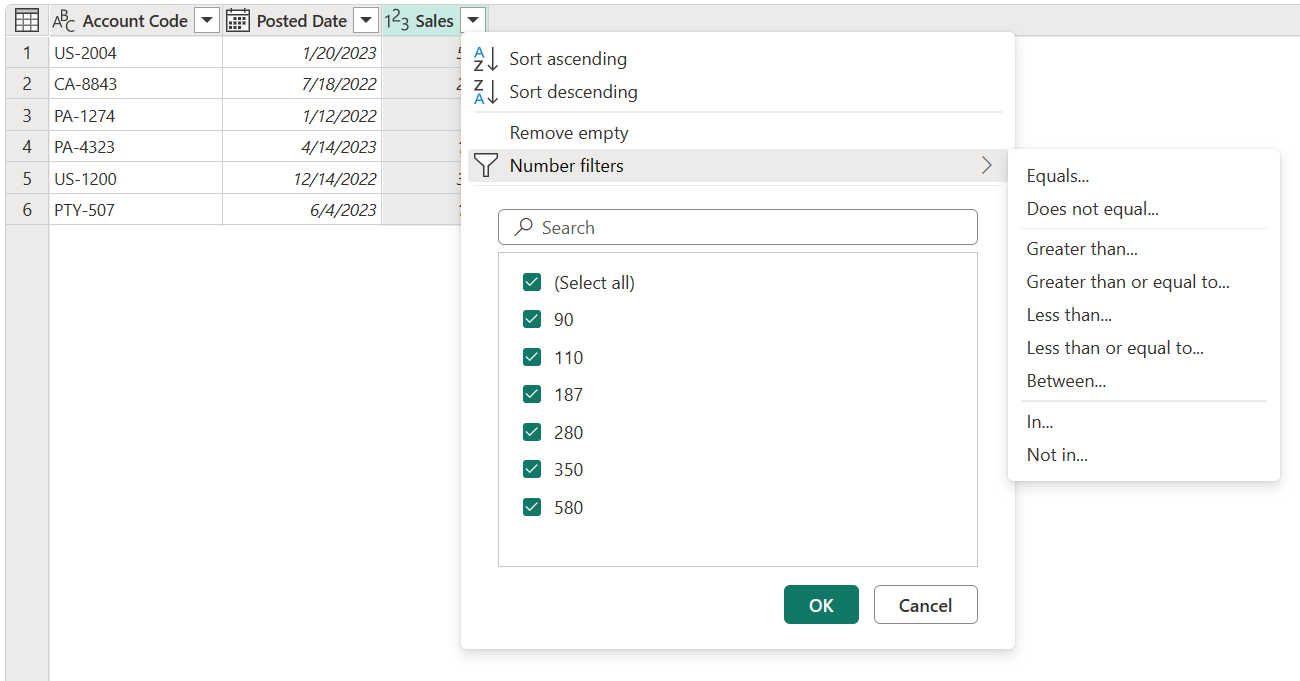 Screenshot of the menu items containing commands and filters that are specific to columns that contain the Number data type.