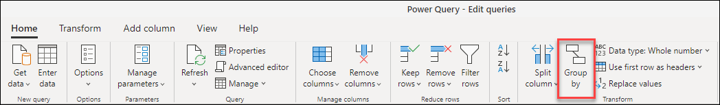 Screenshot of the Power Query ribbon with the Group by option emphasized in the Home tab.