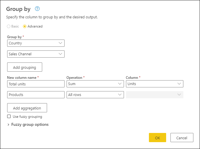 Screenshot of the Group by dialog with a nonaggregate column.