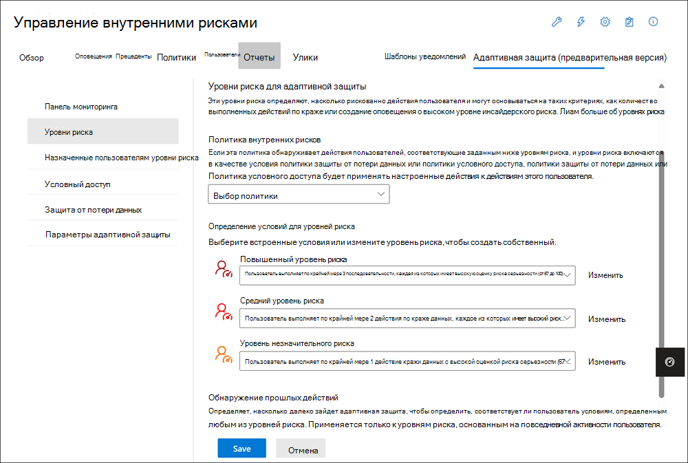 Уровни внутренних рисков управления внутренними рисками Adaptive Protection.