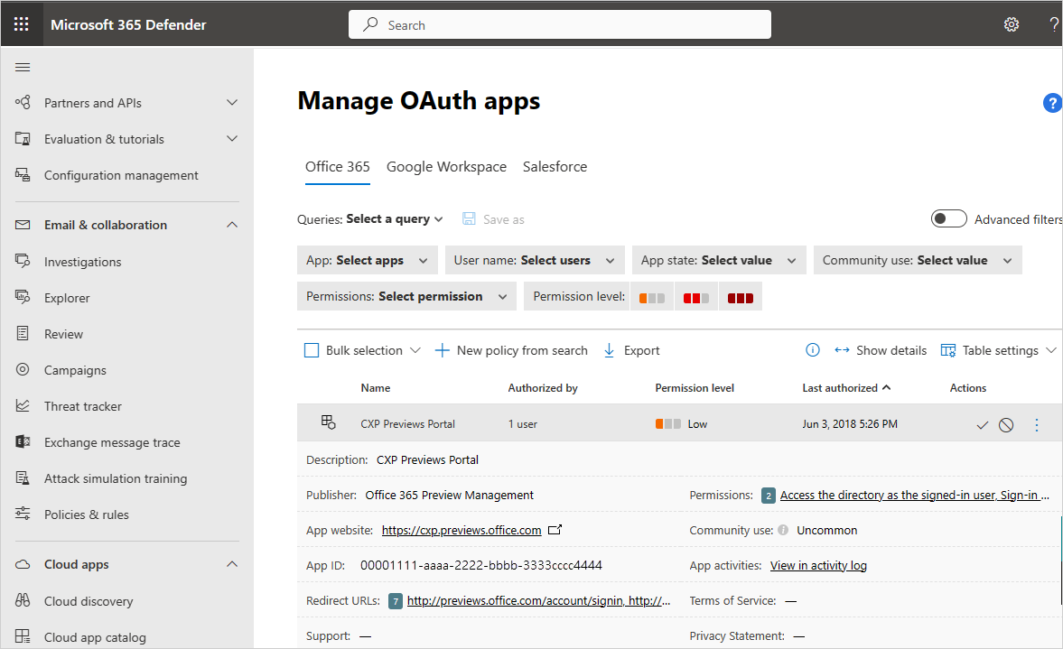 Панель приложений OAuth.