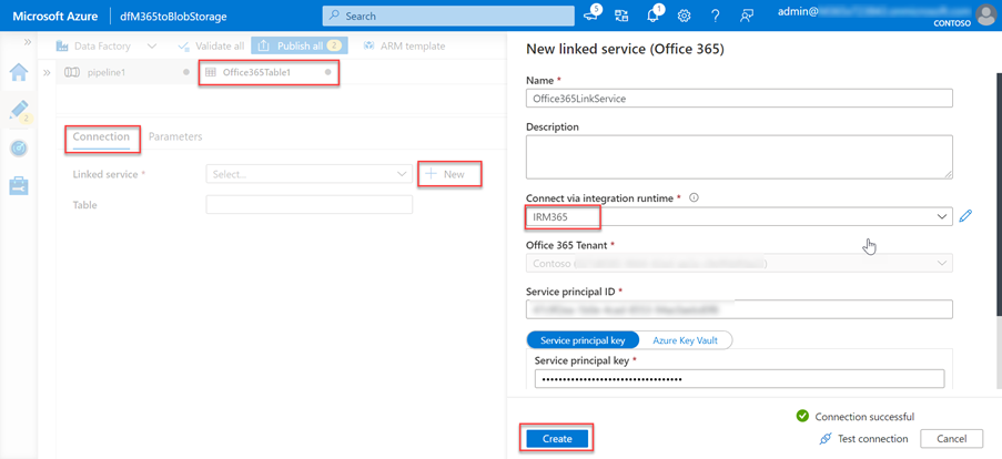 Снимок экрана: страница службы фабрики данных на портале Azure с настроенным ключом субъекта-службы.