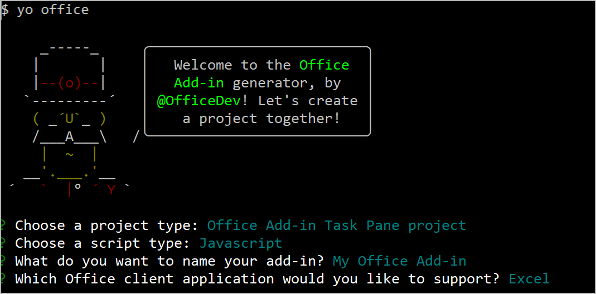 Интерфейс командной строки генератора надстроек Yeoman Office.