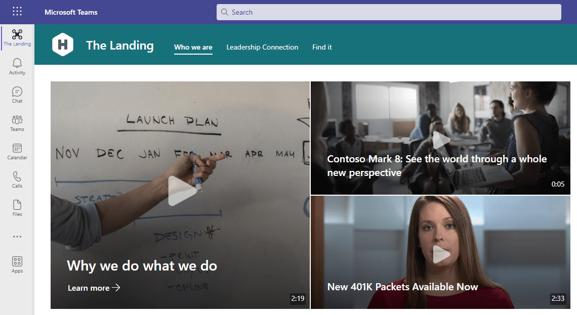 Домашняя страница интрасети организации отображается через Viva Connections в виде вкладки в Teams. Видео отображаются в верхней части страницы в главной веб-части.