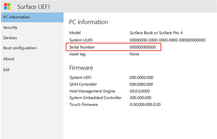 Отобразится серийный номер устройства Surface.