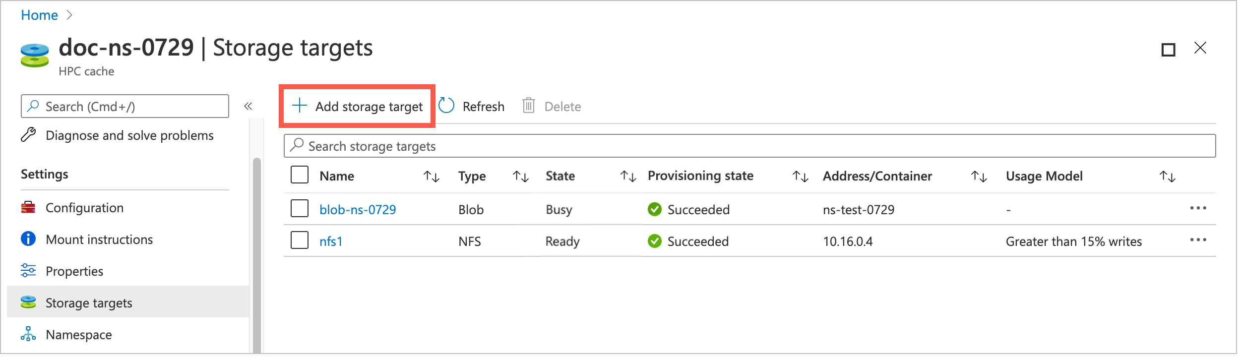 screenshot of the settings > storage target page, with two existing storage targets in a table and a highlight around the + add storage target button above the table