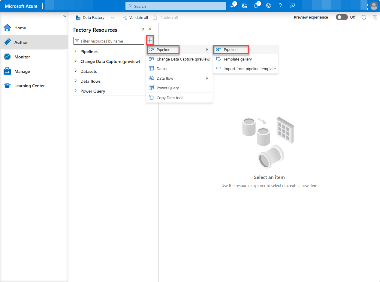 A screenshot of the Azure portal Data Factory service page with Pipeline highlighted.