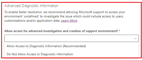 Snímka obrazovky žiadosti o podporu so zvýraznenou možnosťou Povoliť prístup pre pokročilé vyšetrovanie a vytvorenie prostredia podpory.