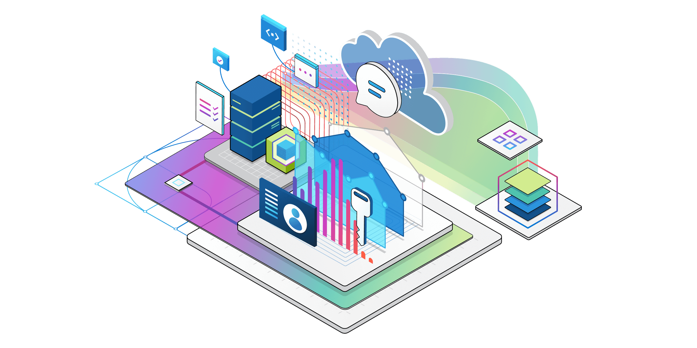 Izometrická ilustrácia technických súčastí pre služby Azure. Cloud, servery, kľúče a okná prehliadača.