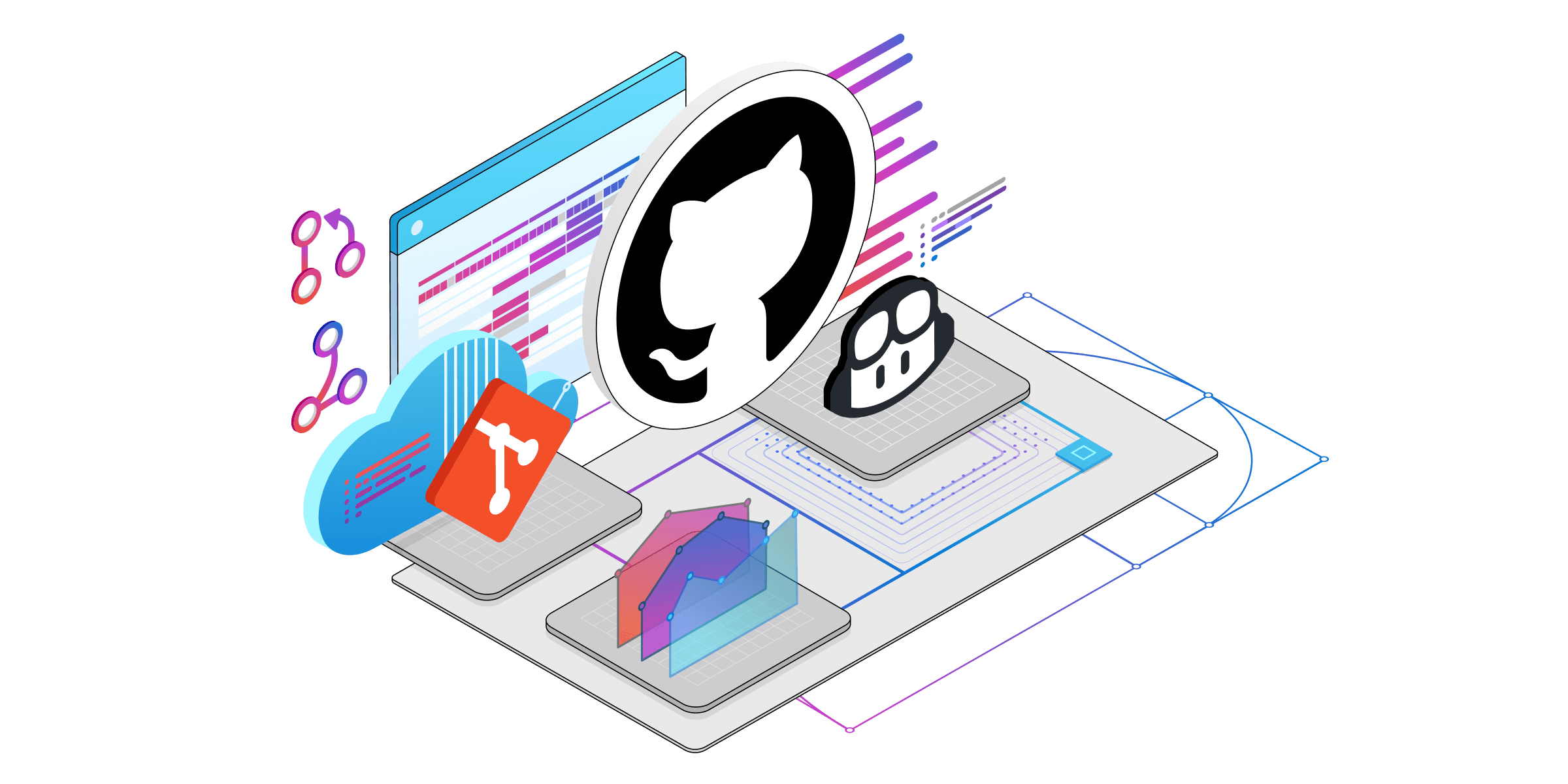 Izometrická ilustrácia technických komponentov pre služby GitHub.